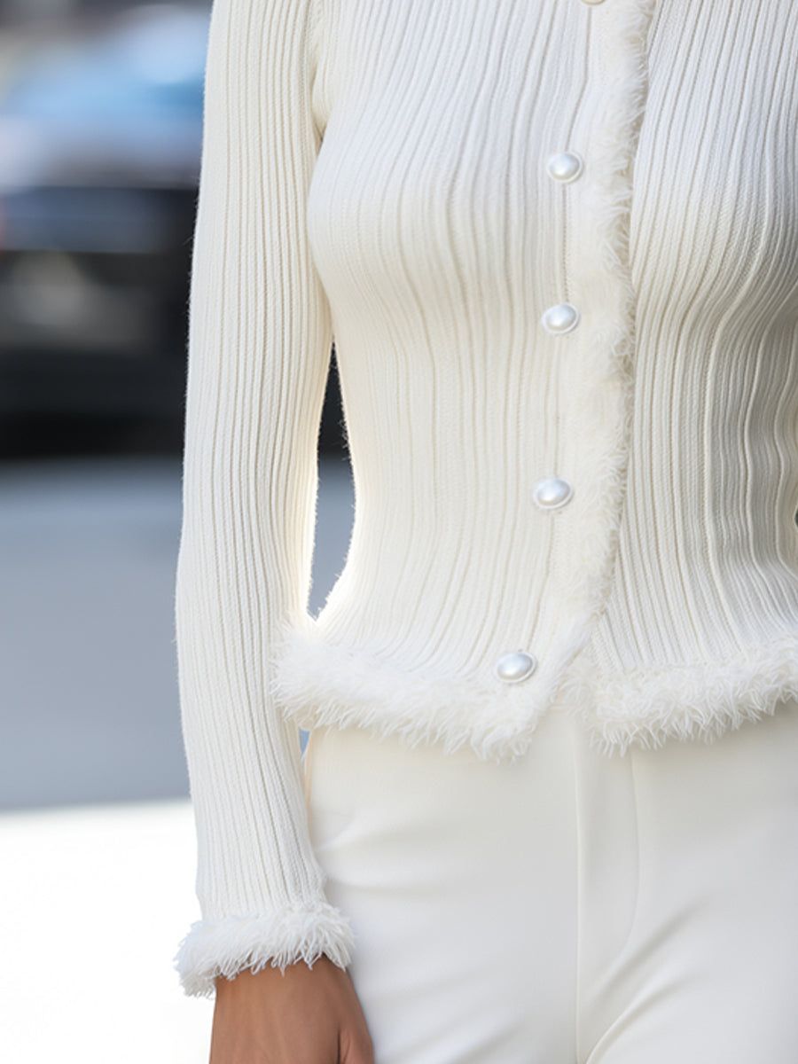 Faux Fur-Trimmed Pearl Button Ribbed Knit Cardigan