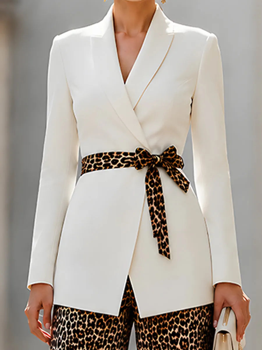 Elegant White Blazer Leopard Print Wide Leg Pants Set