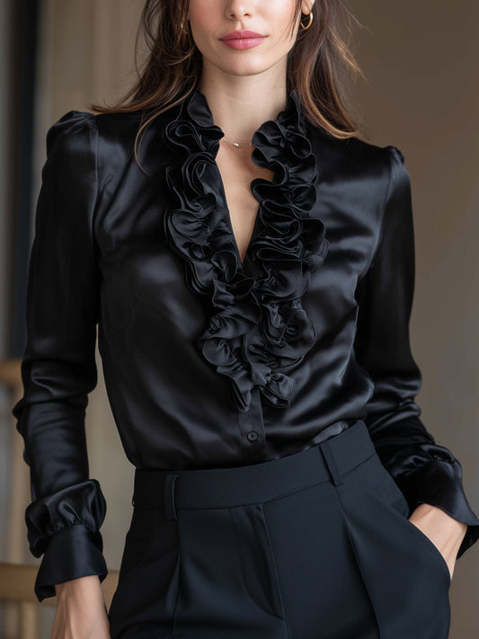 Blusa de Manga Longa com Decote V Franzida de Cetim Preto