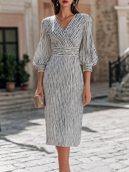 Striped V-Neck Bishop-Sleeve Midi Dress