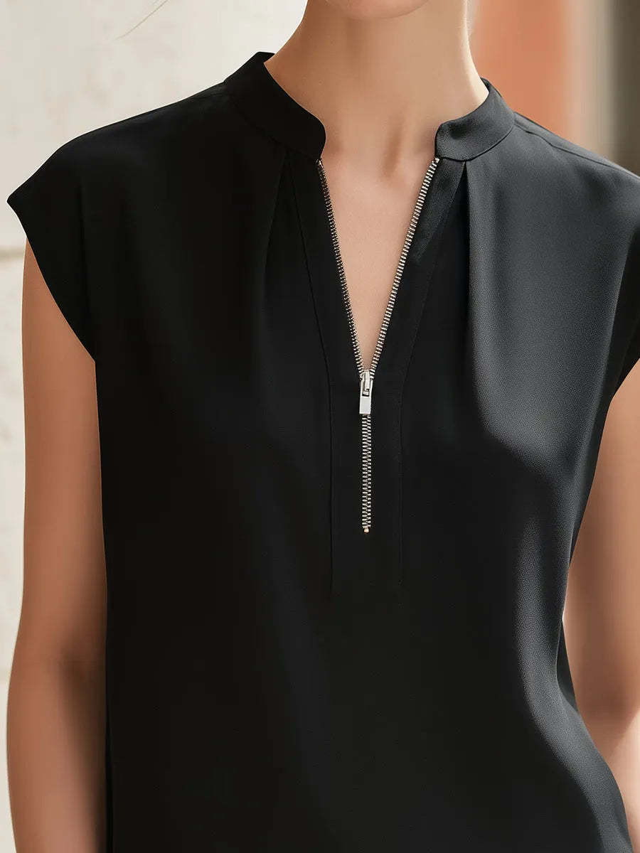 Minimalist Zip-Front Cap Sleeve Blouse