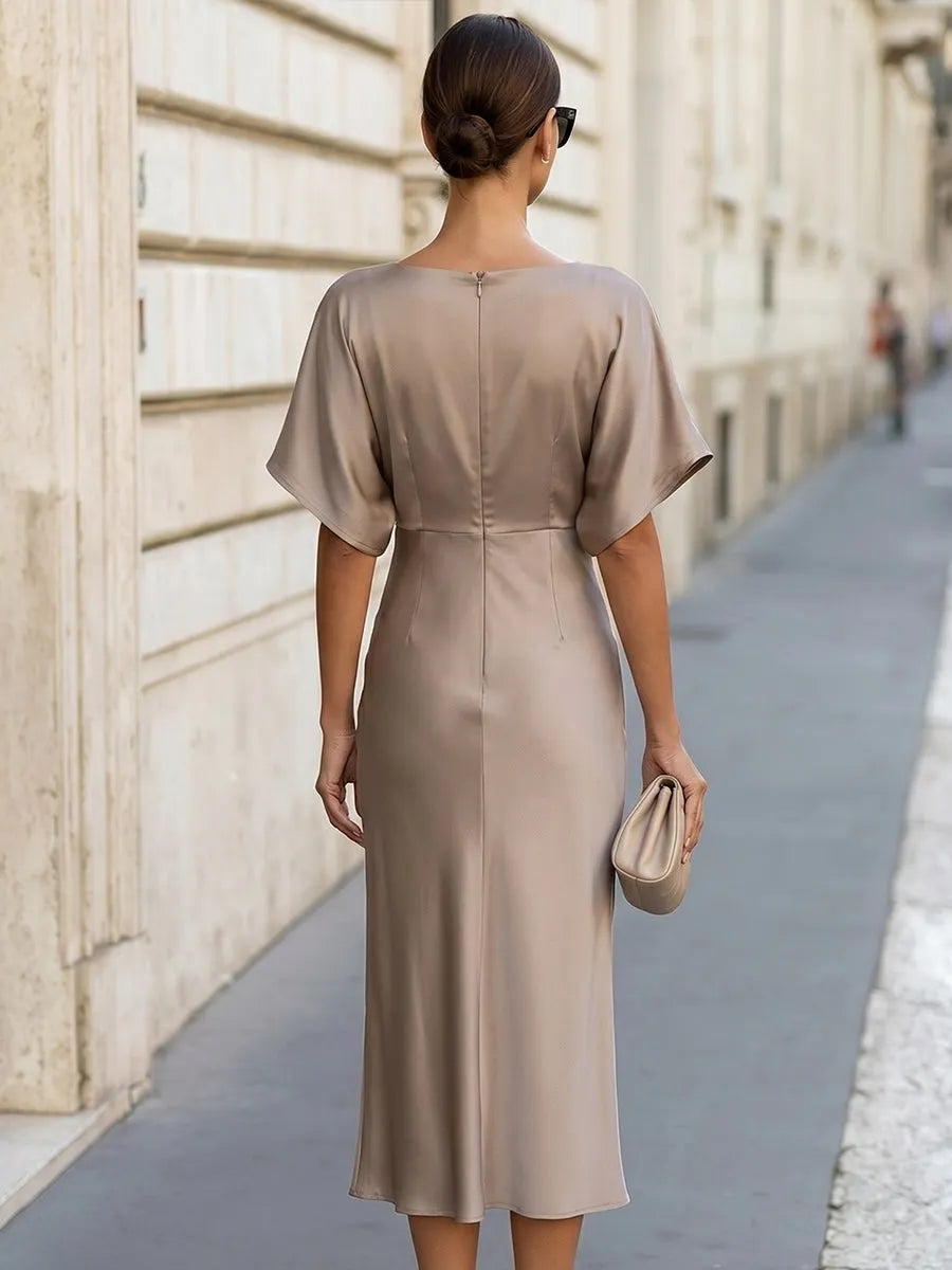 Elegant Satin Wrap Midi Dress With Draped Cape Sleeves
