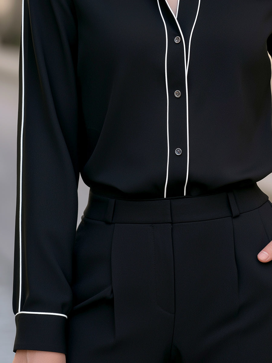 Front Button Contrast Piping Long Sleeve Blouse