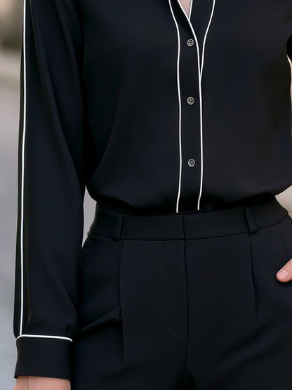 Front Button Contrast Piping Long Sleeve Blouse