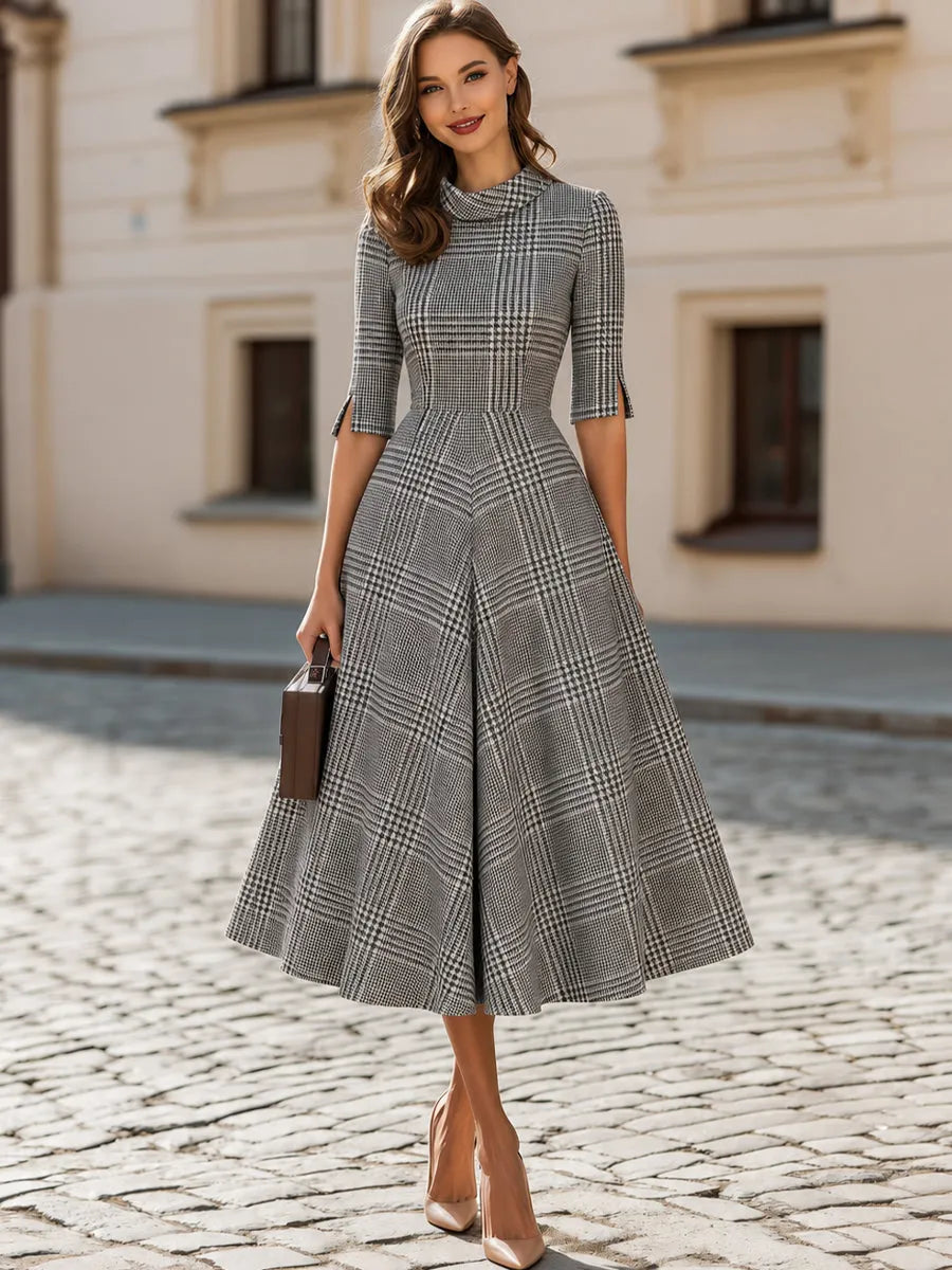 3/4 Split Sleeve Plaid Flared Midi  Dress