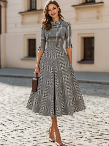 3/4 Split Sleeve Plaid Flared Midi  Dress