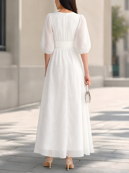 White Pleated Chiffon Wrap Front Puff Sleeve Maxi Dress