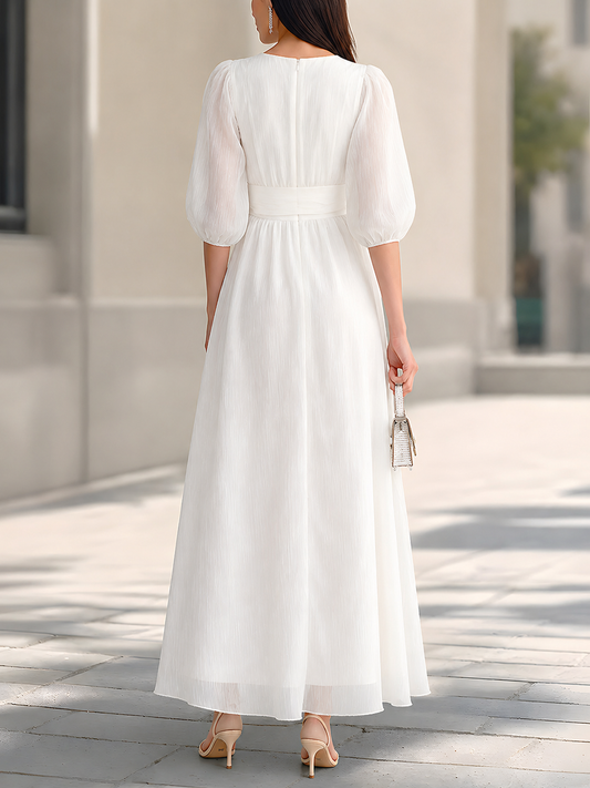 White Pleated Chiffon Wrap Front Puff Sleeve Maxi Dress