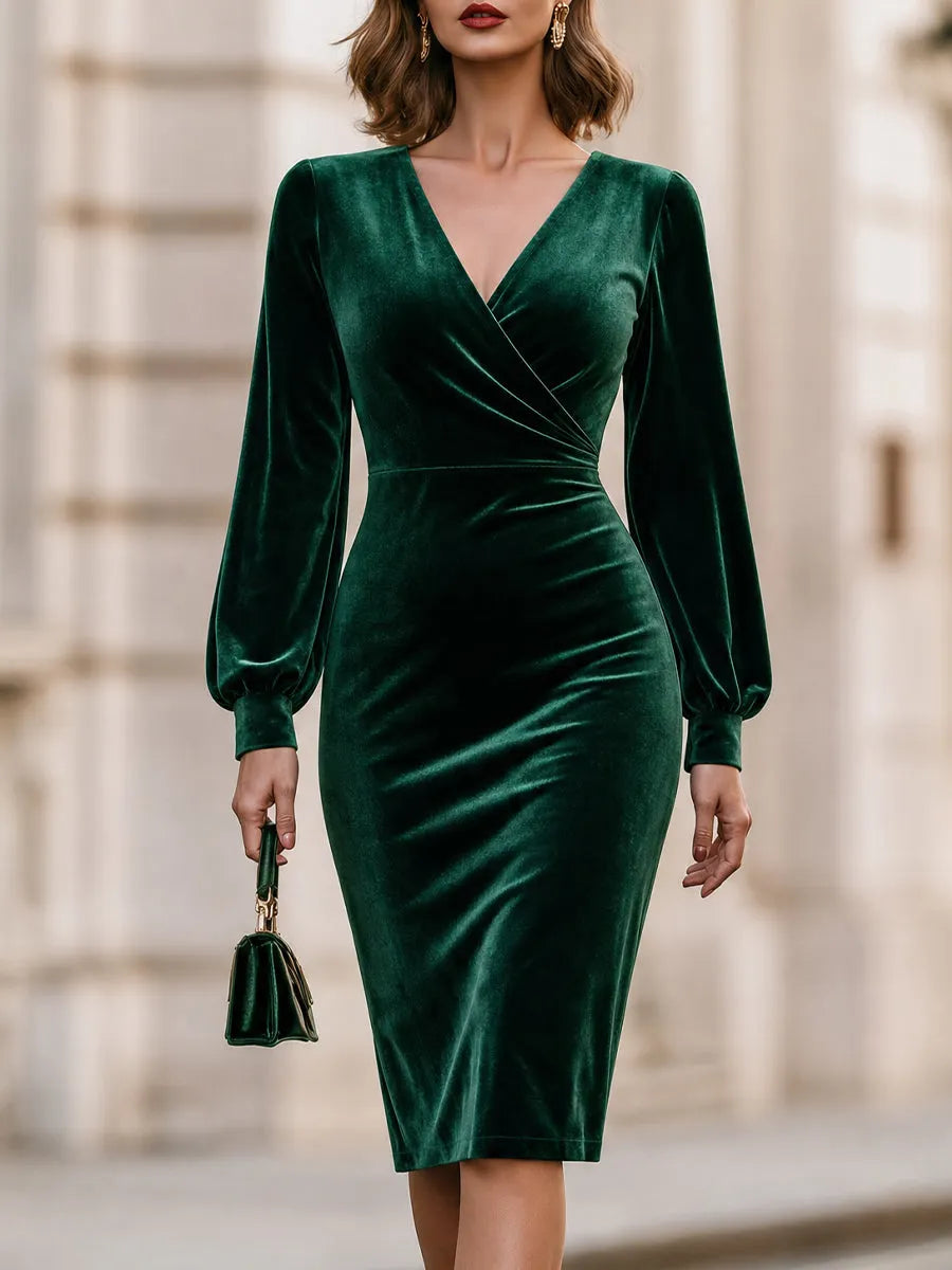 Velvet V-Neck Bishop Sleeve Wrap Bodycon Midi Dress