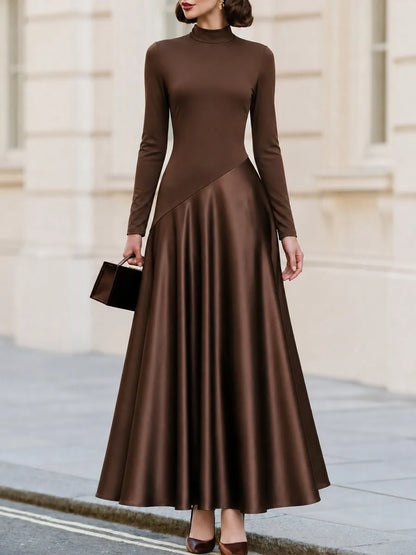High‐Neck Long‐Sleeve Mixed‐Fabric Satin Maxi Dress