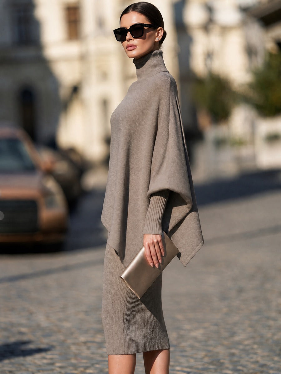 Asymmetric Cape Knit Top Midi Skirt Set