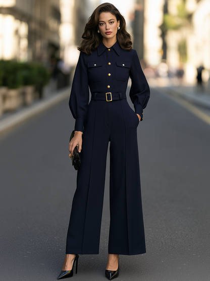 Belted Button-Front Wide-Leg Jumpsuit With Balloon Sleeves