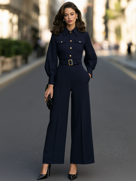 Belted Button-Front Wide-Leg Jumpsuit With Balloon Sleeves