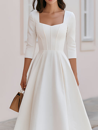 Square Neck 3/4 Sleeve Corset Seam Fit & Flare Midi Dress