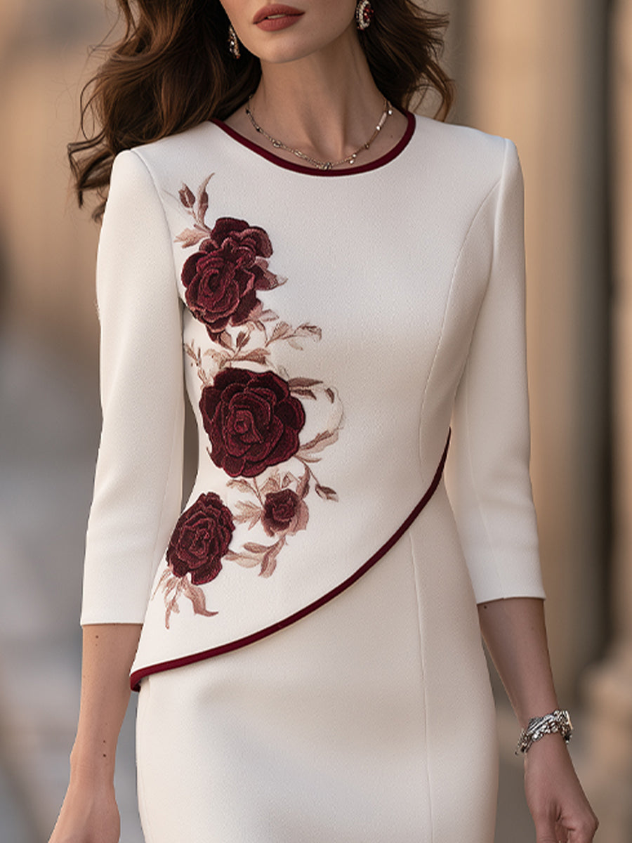 Floral Embroidery Two-Piece Look Asymmetrical Midi Dress