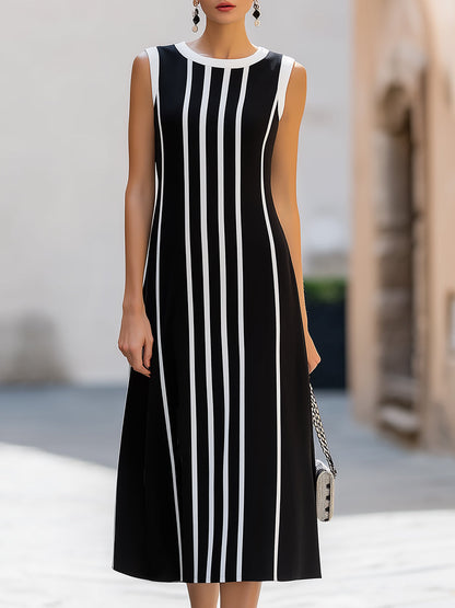 Vertical Stripe Contrast Trim Sleeveless A-Line Midi Dress