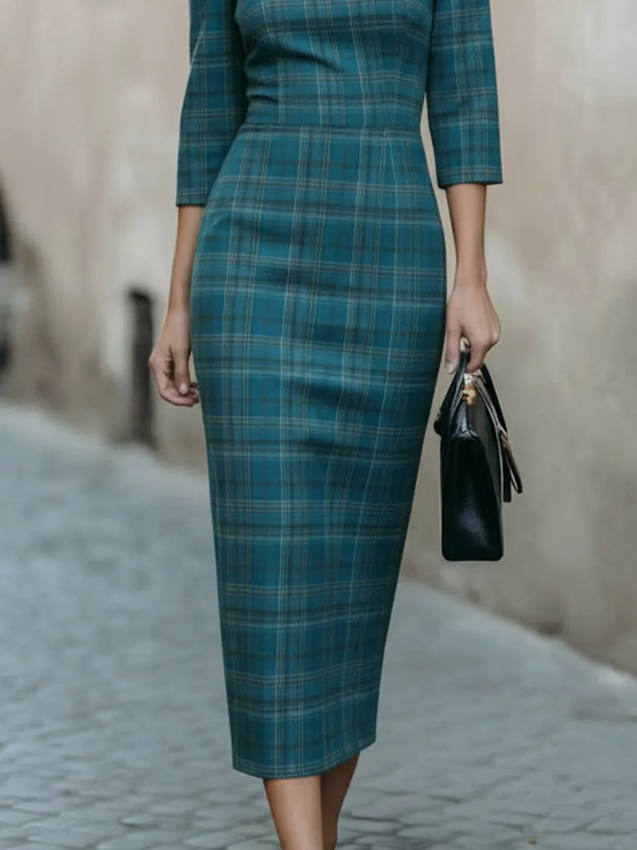 Plaid Off-the-Shoulder Three-Quarter Sleeve Midi Pencil Dress