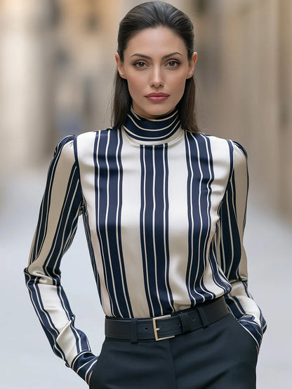 Striped Satin High-Neck Blouse