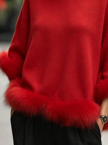 Elegant Turtleneck Detachable Faux Fur Trim Knit Sweater
