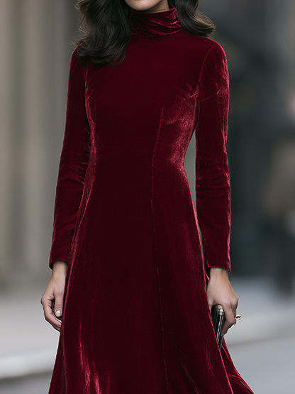 Turtleneck Princess-Seam Sheer Ruffle Hem Velvet A-Line Maxi Dress