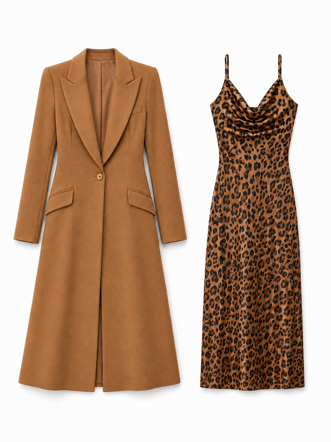 Tailored Long Coat And Leopard Print Midi Dress Set
