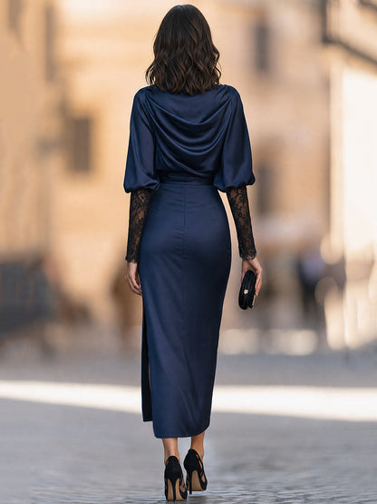 Elegant Draped Satin Cowl Neck Midi Dress