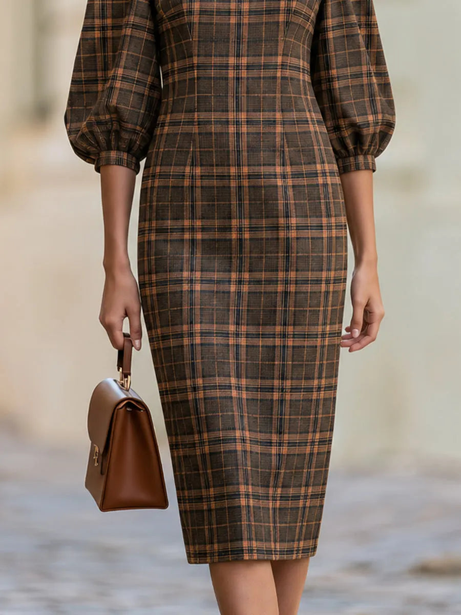 High Neck Puff Balloon Sleeve Brown Plaid Midi  Dress