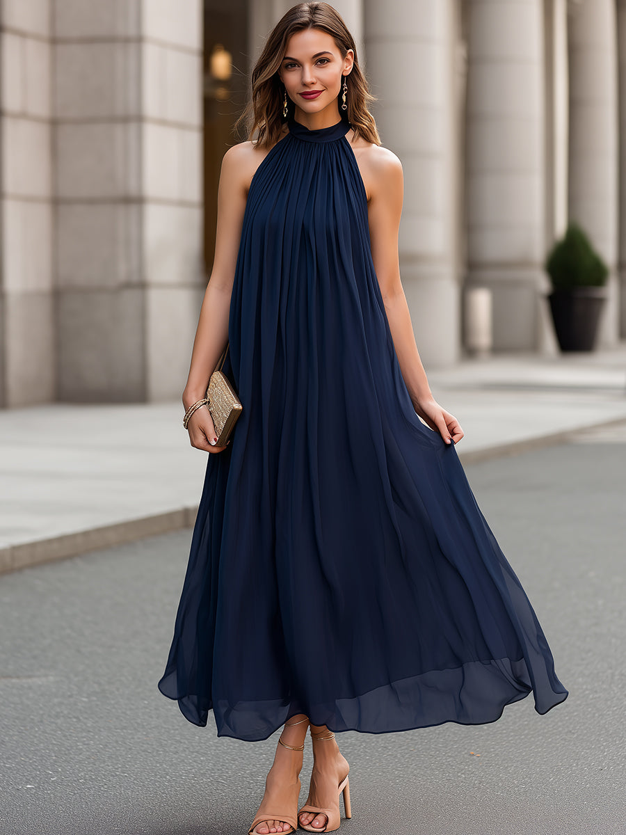 Halter Neck Pleated Chiffon Maxi Dress
