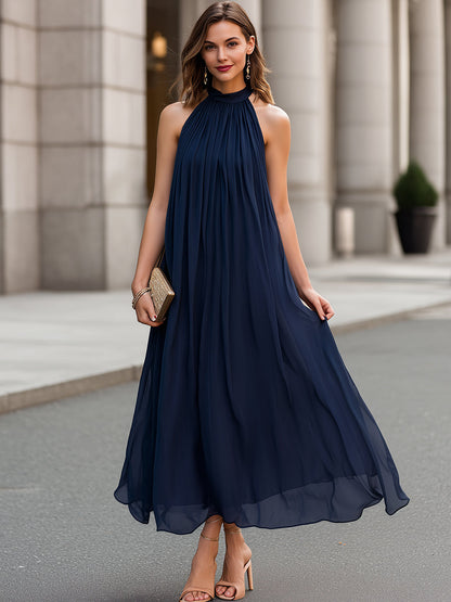 Halter Neck Pleated Chiffon Maxi Dress