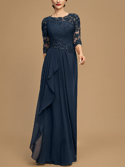 Round Neck Lace Solid Color Mesh Maxi Dress