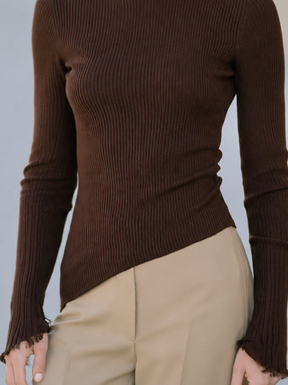 Mock-Neck Asymmetric Ribbed Knit Top