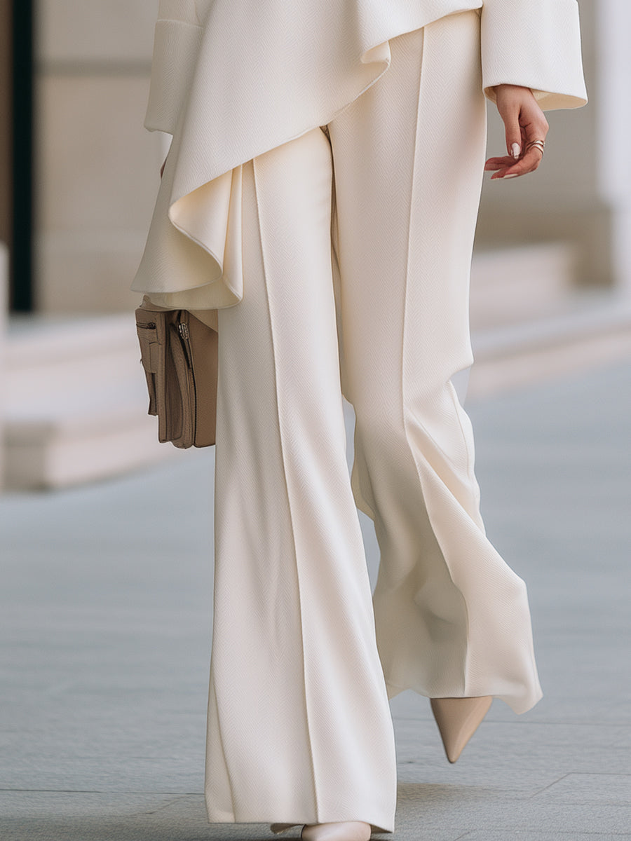 Asymmetric Draped Peplum Knit Top & Wide-Leg Pants Set