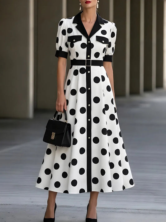 Robe chemise à pois noirs et blancs (mi-longue)