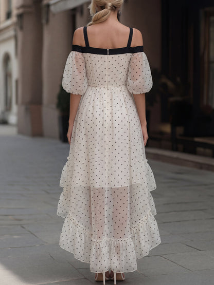 Polka Dot Tulle Off-Shoulder High-Low Midi Dress