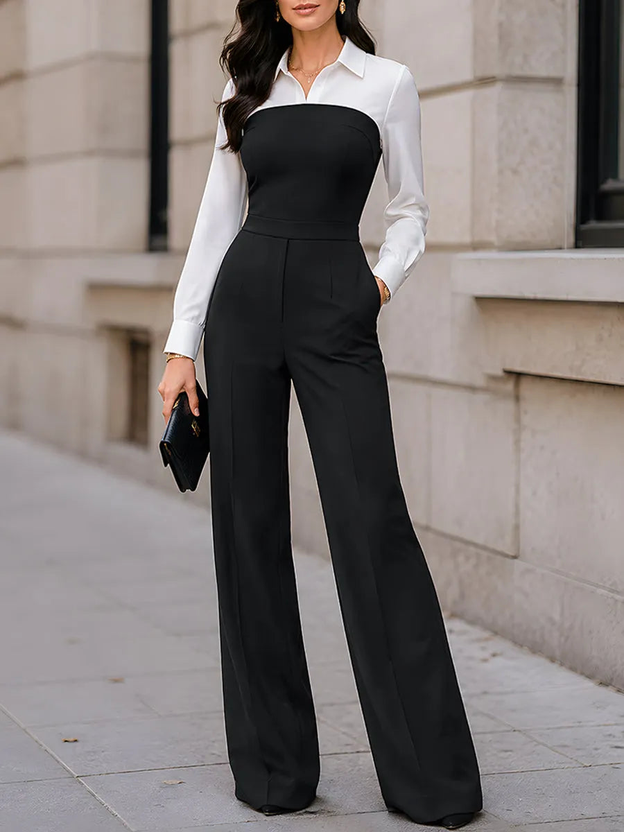 Contrast Shirt Collar Wide Leg Jumpsuit