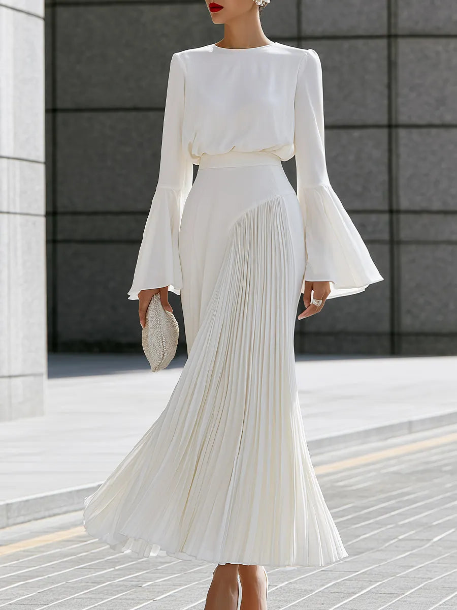 Bell-Sleeve Blouse And Pleated Maxi Skirt Set