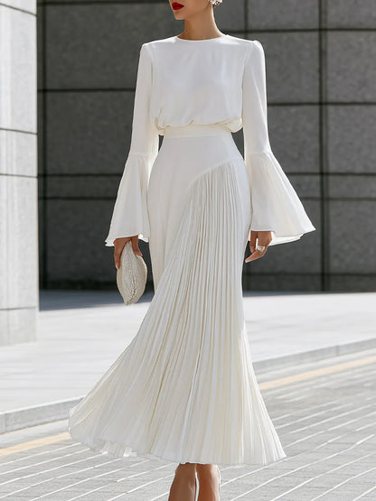 Bell-Sleeve Blouse And Pleated Maxi Skirt Set