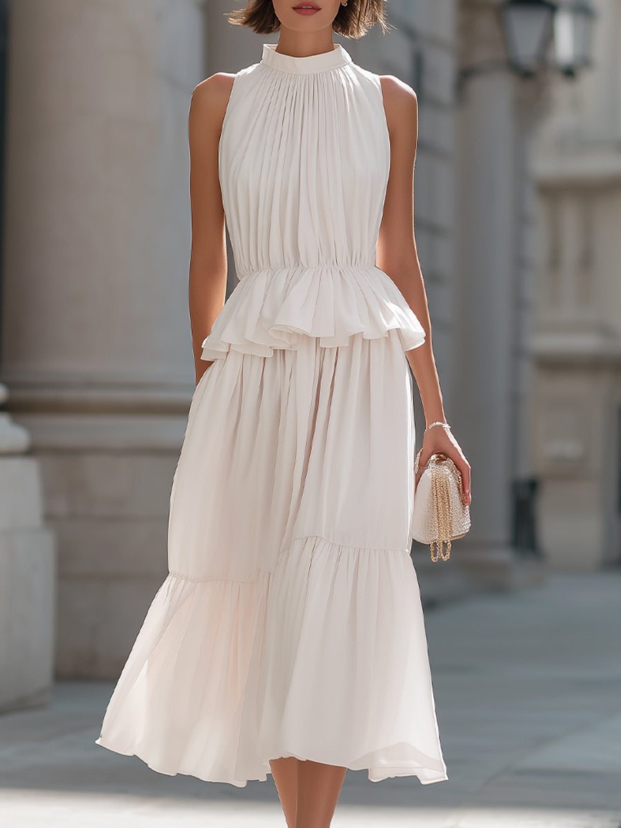 Tiered Ruffle Halter Midi Dress With Peplum Waist