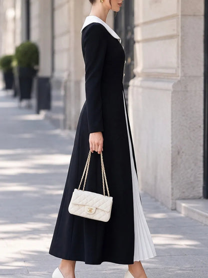 Contrast Sailor Collar Pleated-Panel Maxi Dress