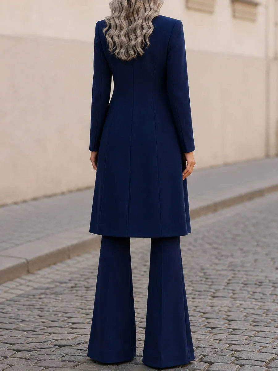 Three-Piece Suit, Long Line Blazer + V-Neck Vest + Flared Trousers Formal  Set