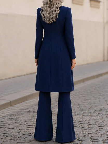 Three-Piece Suit, Long Line Blazer + V-Neck Vest + Flared Trousers Formal  Set
