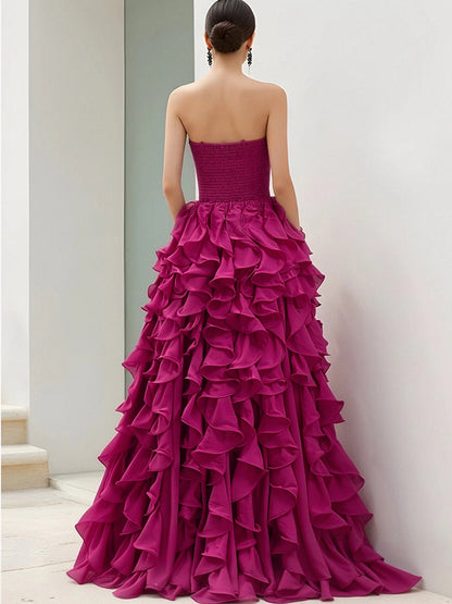 Strapless Magenta Ruffled Ball Gown