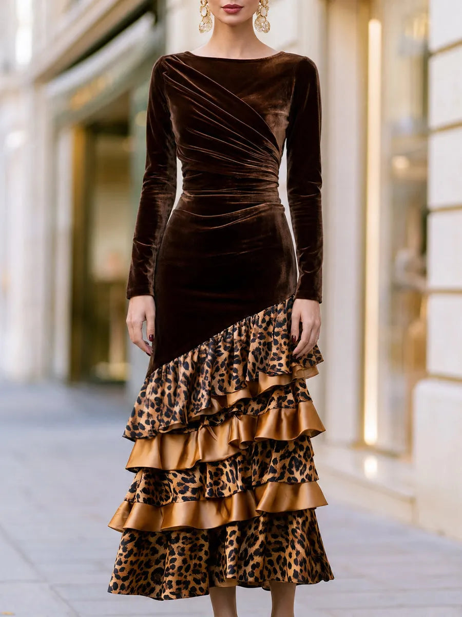 Velvet Draped Bodice Leopard Ruffle Midi Dress