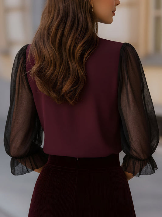 Blusa de Botões com Mangas Bufantes Transparentes