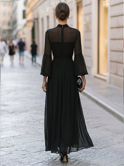 Elegant High-Neck Sheer Sleeve Chiffon Maxi Dress With Draped Waist