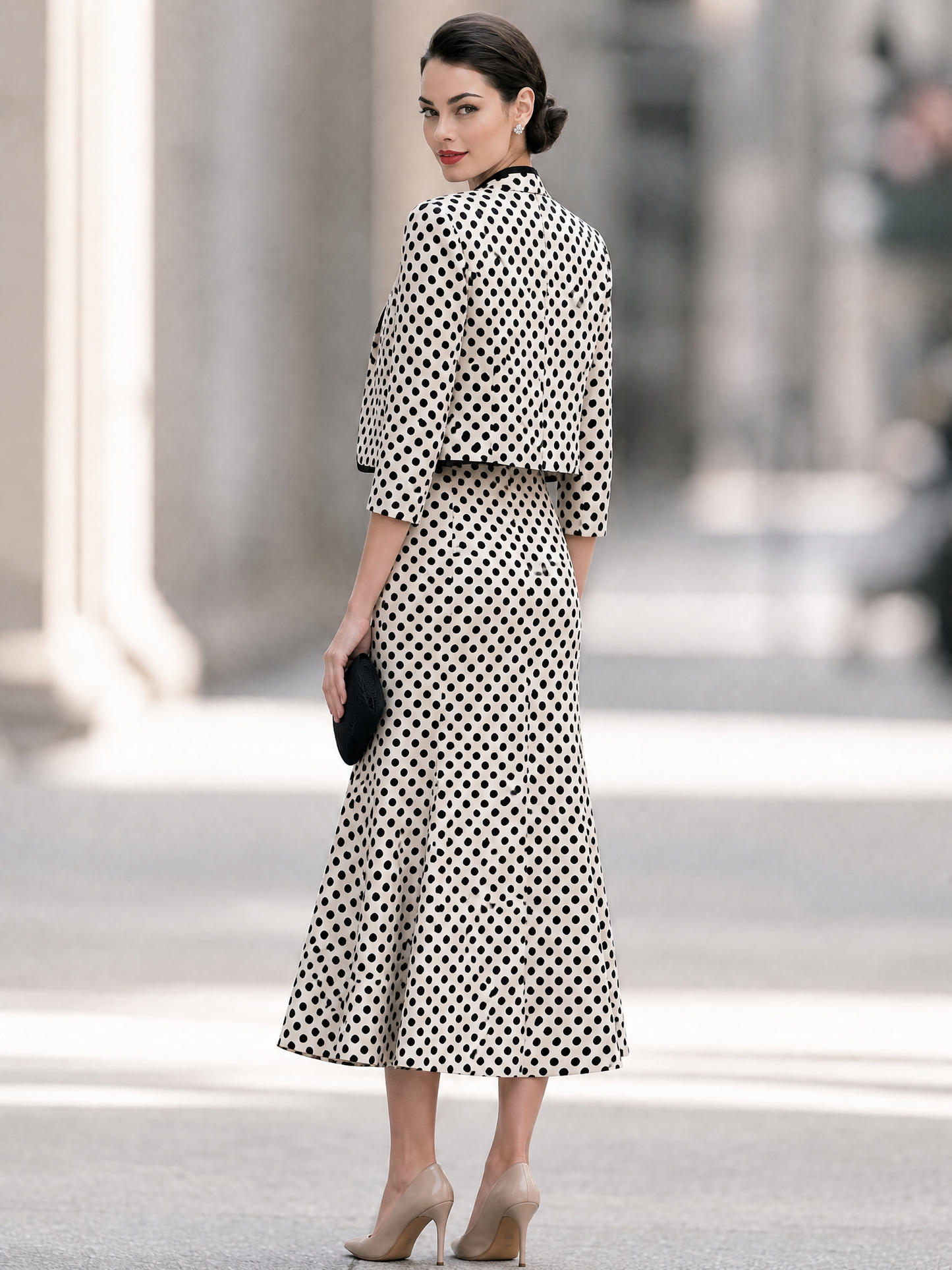 Polka Dot Cropped Blazer And Midi Dress Set