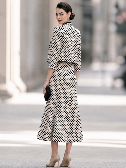 Polka Dot Cropped Blazer And Midi Dress Set