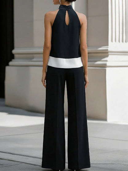 Contrast Hem Halter Neck Blouse & Wide-Leg Pants Set
