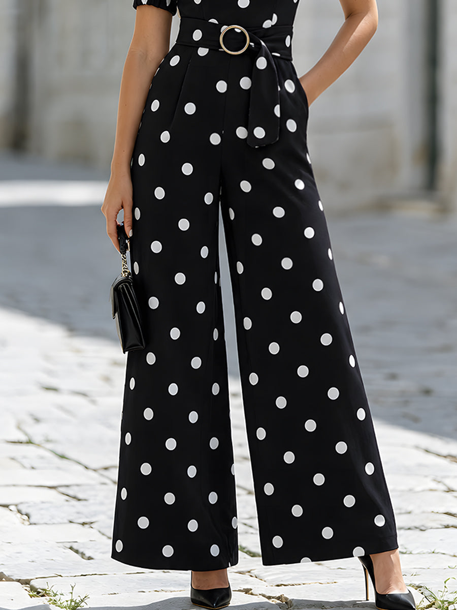 Elegant Polka Dot Puff Sleeve Wide Leg Jumpsuit