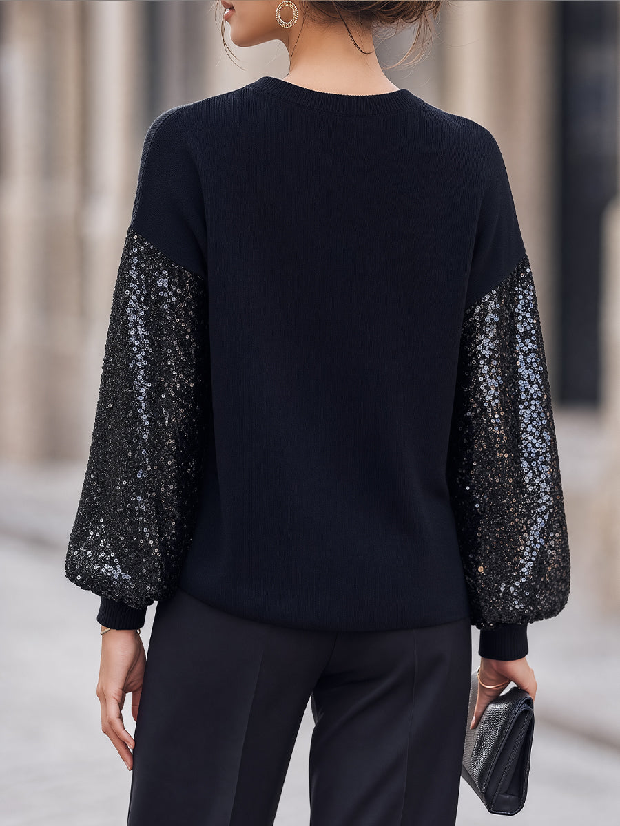 Sequin-Panel Long-Sleeve Structured Knit Top